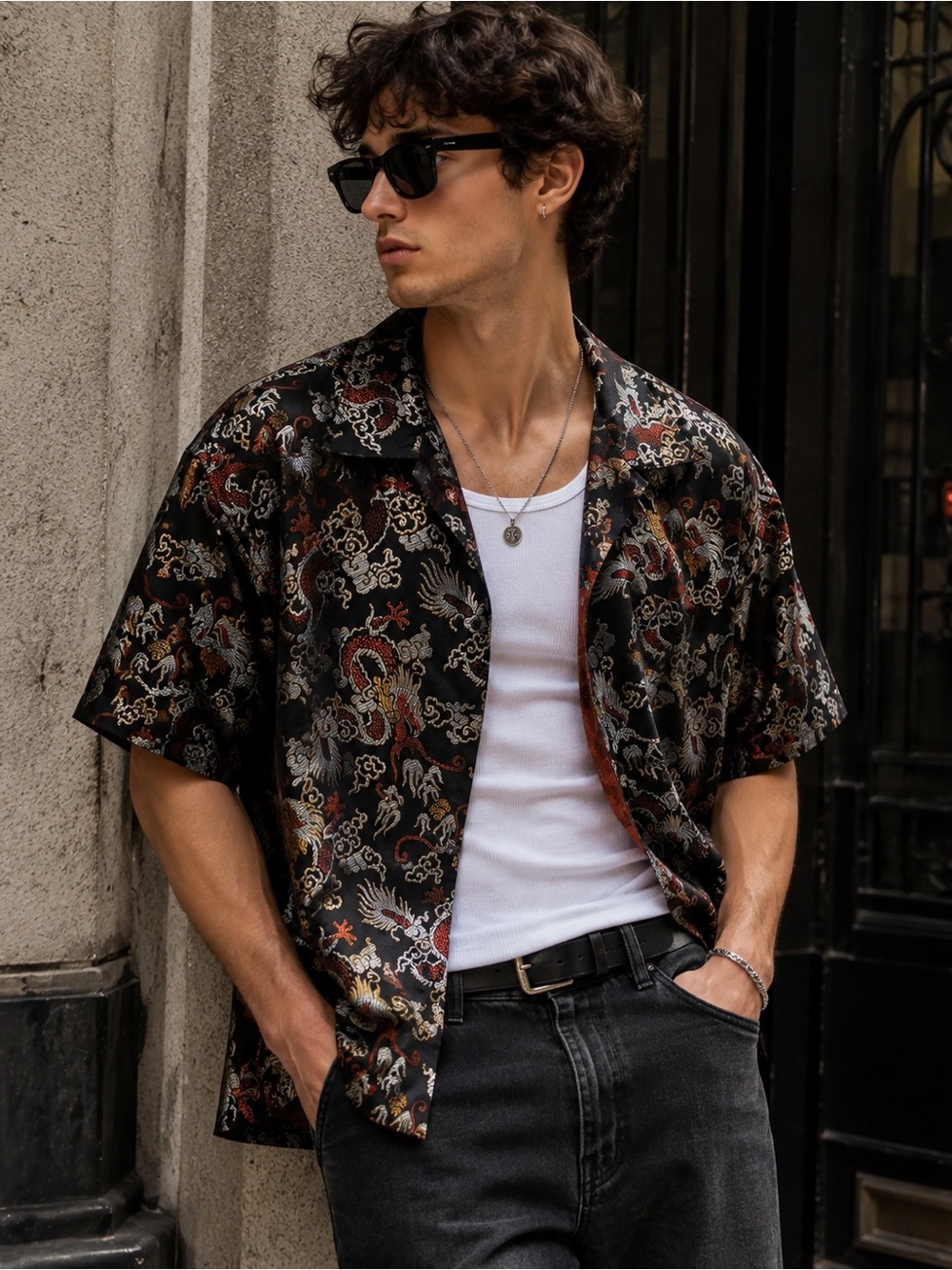 Men's Black Satin Dragon Print Short-Sleeve Shirt Jacket